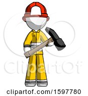 Poster, Art Print Of White Firefighter Fireman Man Holding Hammer Ready To Work
