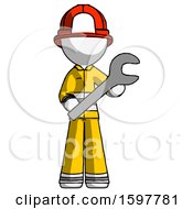 Poster, Art Print Of White Firefighter Fireman Man Holding Large Wrench With Both Hands