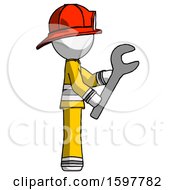 Poster, Art Print Of White Firefighter Fireman Man Using Wrench Adjusting Something To Right