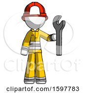 Poster, Art Print Of White Firefighter Fireman Man Holding Wrench Ready To Repair Or Work