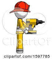 Poster, Art Print Of White Firefighter Fireman Man Using Drill Drilling Something On Right Side