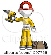 Poster, Art Print Of White Firefighter Fireman Man Holding Drill Ready To Work Toolchest And Tools To Right