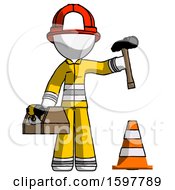 Poster, Art Print Of White Firefighter Fireman Man Under Construction Concept Traffic Cone And Tools