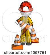 Poster, Art Print Of White Firefighter Fireman Man Holding A Traffic Cone