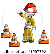 Poster, Art Print Of White Firefighter Fireman Man Standing By Traffic Cones Waving