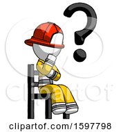 Poster, Art Print Of White Firefighter Fireman Man Question Mark Concept Sitting On Chair Thinking