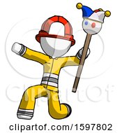 Poster, Art Print Of White Firefighter Fireman Man Holding Jester Staff Posing Charismatically