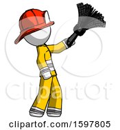 Poster, Art Print Of White Firefighter Fireman Man Dusting With Feather Duster Upwards