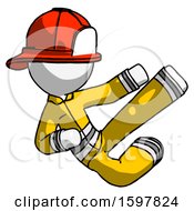 Poster, Art Print Of White Firefighter Fireman Man Flying Ninja Kick Right