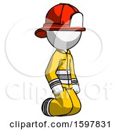 White Firefighter Fireman Man Kneeling Angle View Right