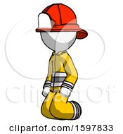 Poster, Art Print Of White Firefighter Fireman Man Kneeling Angle View Left