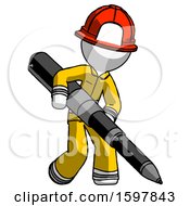 Poster, Art Print Of White Firefighter Fireman Man Writing With A Really Big Pen