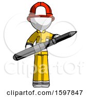 Poster, Art Print Of White Firefighter Fireman Man Posing Confidently With Giant Pen