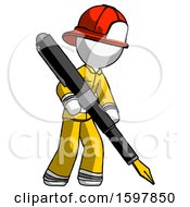 White Firefighter Fireman Man Drawing Or Writing With Large Calligraphy Pen