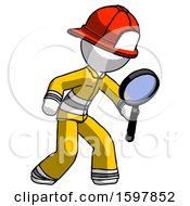 Poster, Art Print Of White Firefighter Fireman Man Inspecting With Large Magnifying Glass Right