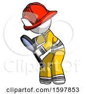 Poster, Art Print Of White Firefighter Fireman Man Inspecting With Large Magnifying Glass Left