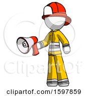 Poster, Art Print Of White Firefighter Fireman Man Holding Megaphone Bullhorn Facing Right