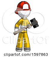 Poster, Art Print Of White Firefighter Fireman Man With Sledgehammer Standing Ready To Work Or Defend