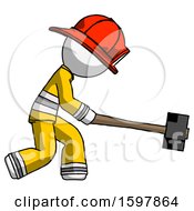 Poster, Art Print Of White Firefighter Fireman Man Hitting With Sledgehammer Or Smashing Something