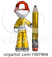 Poster, Art Print Of White Firefighter Fireman Man With Large Pencil Standing Ready To Write