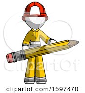 Poster, Art Print Of White Firefighter Fireman Man Writer Or Blogger Holding Large Pencil