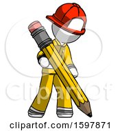 Poster, Art Print Of White Firefighter Fireman Man Writing With Large Pencil