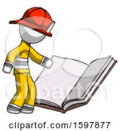 White Firefighter Fireman Man Reading Big Book While Standing Beside It