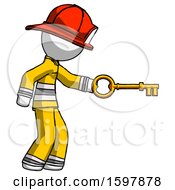White Firefighter Fireman Man With Big Key Of Gold Opening Something