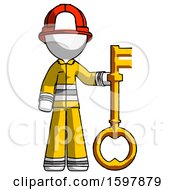 White Firefighter Fireman Man Holding Key Made Of Gold