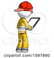 Poster, Art Print Of White Firefighter Fireman Man Looking At Tablet Device Computer Facing Away