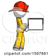Poster, Art Print Of White Firefighter Fireman Man Show Tablet Device Computer To Viewer Blank Area