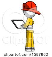 Poster, Art Print Of White Firefighter Fireman Man Looking At Tablet Device Computer With Back To Viewer