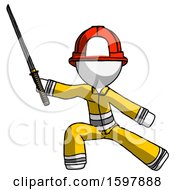 Poster, Art Print Of White Firefighter Fireman Man With Ninja Sword Katana In Defense Pose