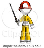 Poster, Art Print Of White Firefighter Fireman Man Standing Up With Ninja Sword Katana