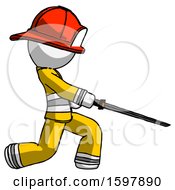 White Firefighter Fireman Man With Ninja Sword Katana Slicing Or Striking Something