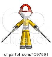 White Firefighter Fireman Man Posing With Two Ninja Sword Katanas