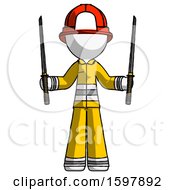 White Firefighter Fireman Man Posing With Two Ninja Sword Katanas Up
