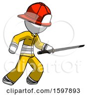 Poster, Art Print Of White Firefighter Fireman Man Stabbing With Ninja Sword Katana