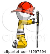Poster, Art Print Of White Firefighter Fireman Man Kneeling With Ninja Sword Katana Showing Respect