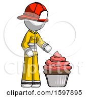 Poster, Art Print Of White Firefighter Fireman Man With Giant Cupcake Dessert