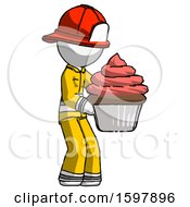 Poster, Art Print Of White Firefighter Fireman Man Holding Large Cupcake Ready To Eat Or Serve