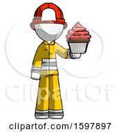 Poster, Art Print Of White Firefighter Fireman Man Presenting Pink Cupcake To Viewer