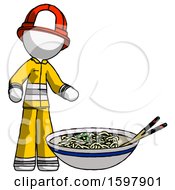 Poster, Art Print Of White Firefighter Fireman Man And Noodle Bowl Giant Soup Restaraunt Concept
