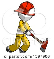 Poster, Art Print Of White Firefighter Fireman Man Striking With A Red Firefighters Ax