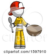 White Firefighter Fireman Man With Empty Bowl And Spoon Ready To Make Something