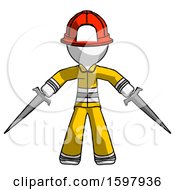 Poster, Art Print Of White Firefighter Fireman Man Two Sword Defense Pose