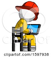 Poster, Art Print Of White Firefighter Fireman Man Using Laptop Computer While Sitting In Chair View From Back
