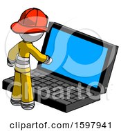Poster, Art Print Of White Firefighter Fireman Man Using Large Laptop Computer