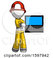 Poster, Art Print Of White Firefighter Fireman Man Holding Laptop Computer Presenting Something On Screen