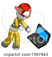 Poster, Art Print Of White Firefighter Fireman Man Throwing Laptop Computer In Frustration